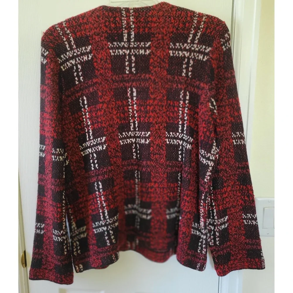 Chaps Womens Sweater Jacket XXL Red‎ Black White Plaid Knit Zip-Up Long Sleeve